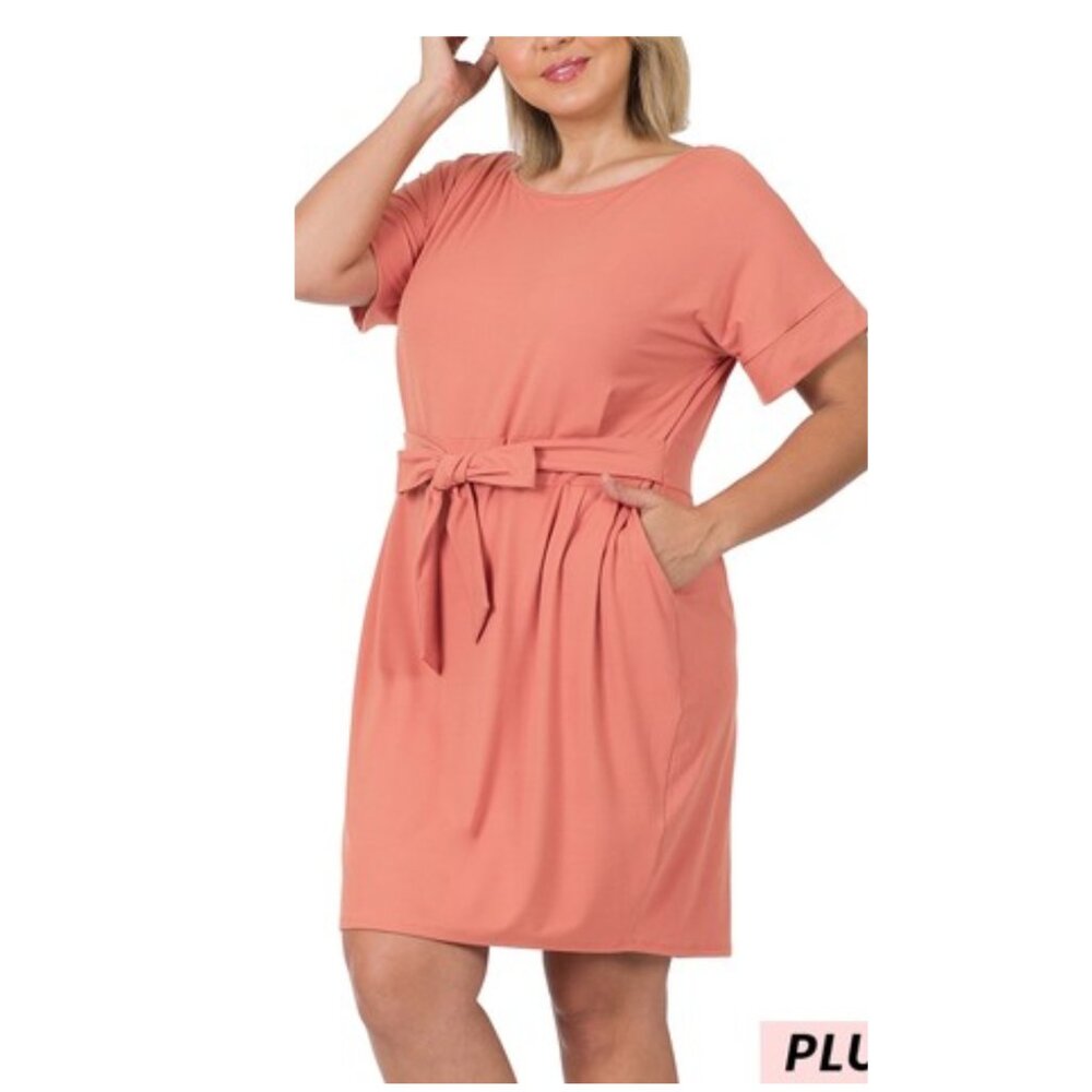Butter Orange Plus Size Brushed Tie-Belt Dress